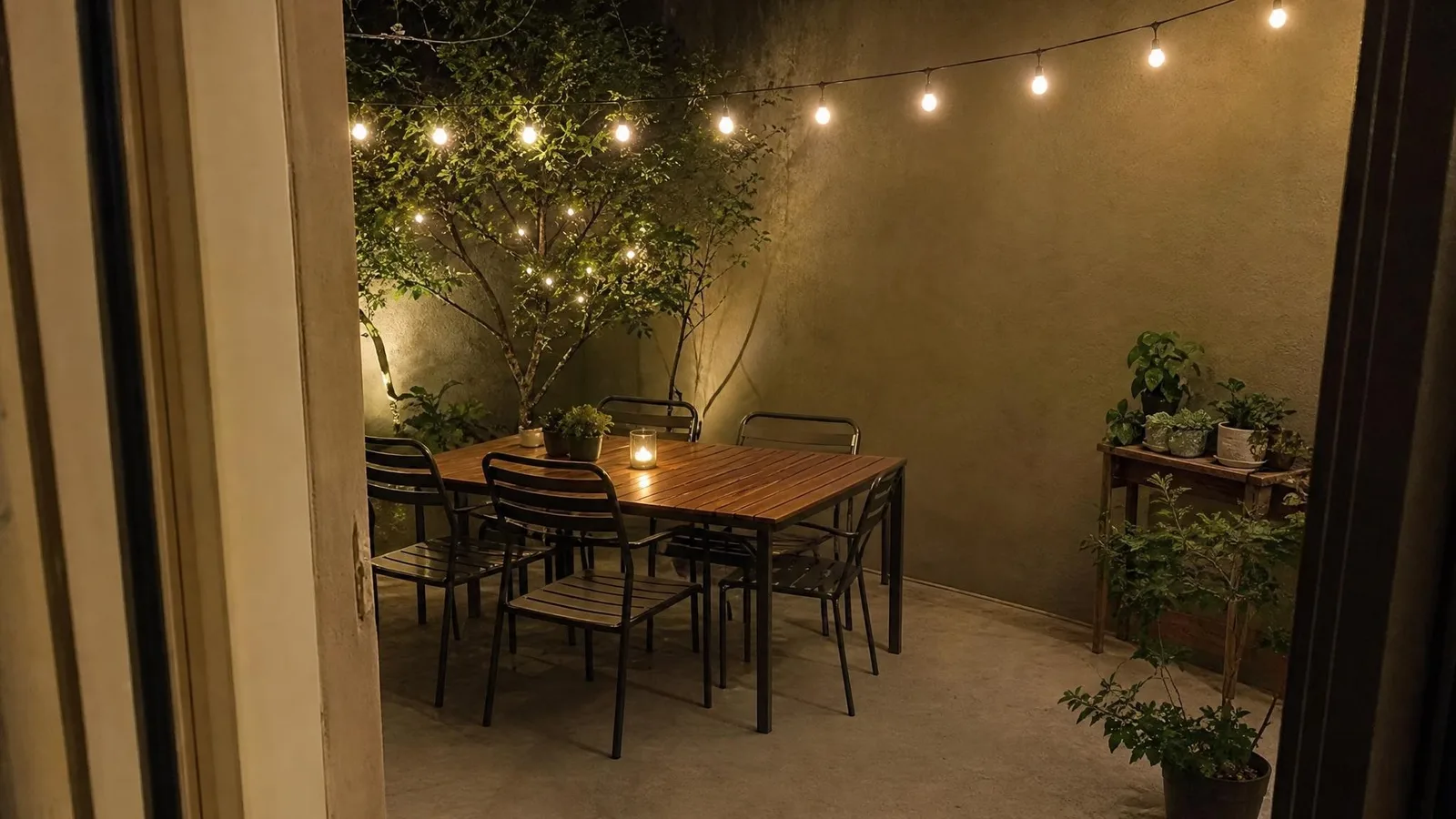 Source photo of a courtyard dining terrace, 1 of 3, taken on a phone