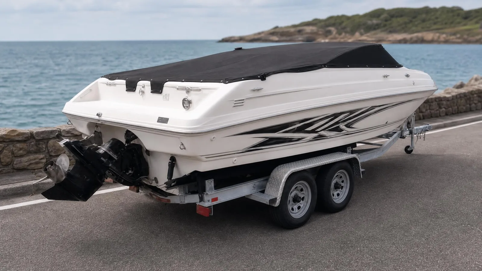 Phoxel result for a white speedboat on its trailer, 1 of 3, generated from the source photos