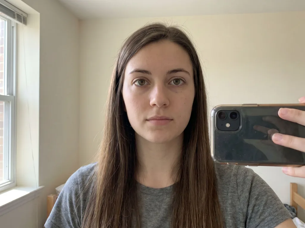 Source photo of a young woman with long brown hair, 3 of 3, taken on a phone