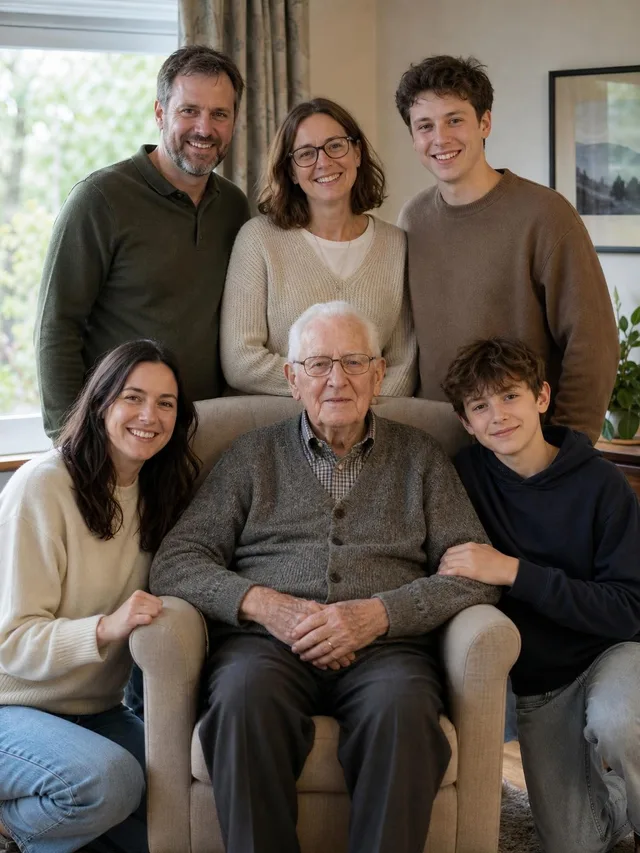 Family group portrait in a home living room