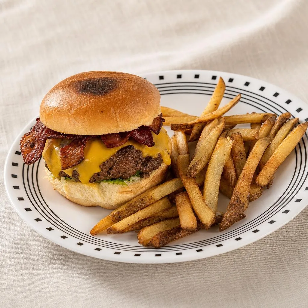 Phoxel result for a bacon cheeseburger with fries, 1 of 2, generated from the source photos