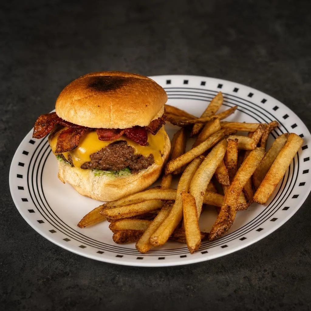 Phoxel result for a bacon cheeseburger with fries, 2 of 2, generated from the source photos