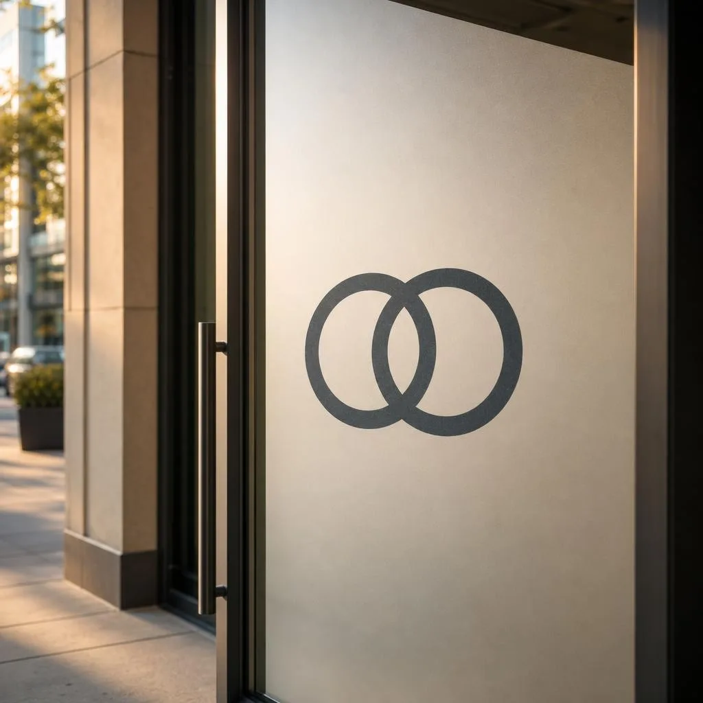 Phoxel result for a circles logo on a storefront door, 1 of 2, generated from the source photos