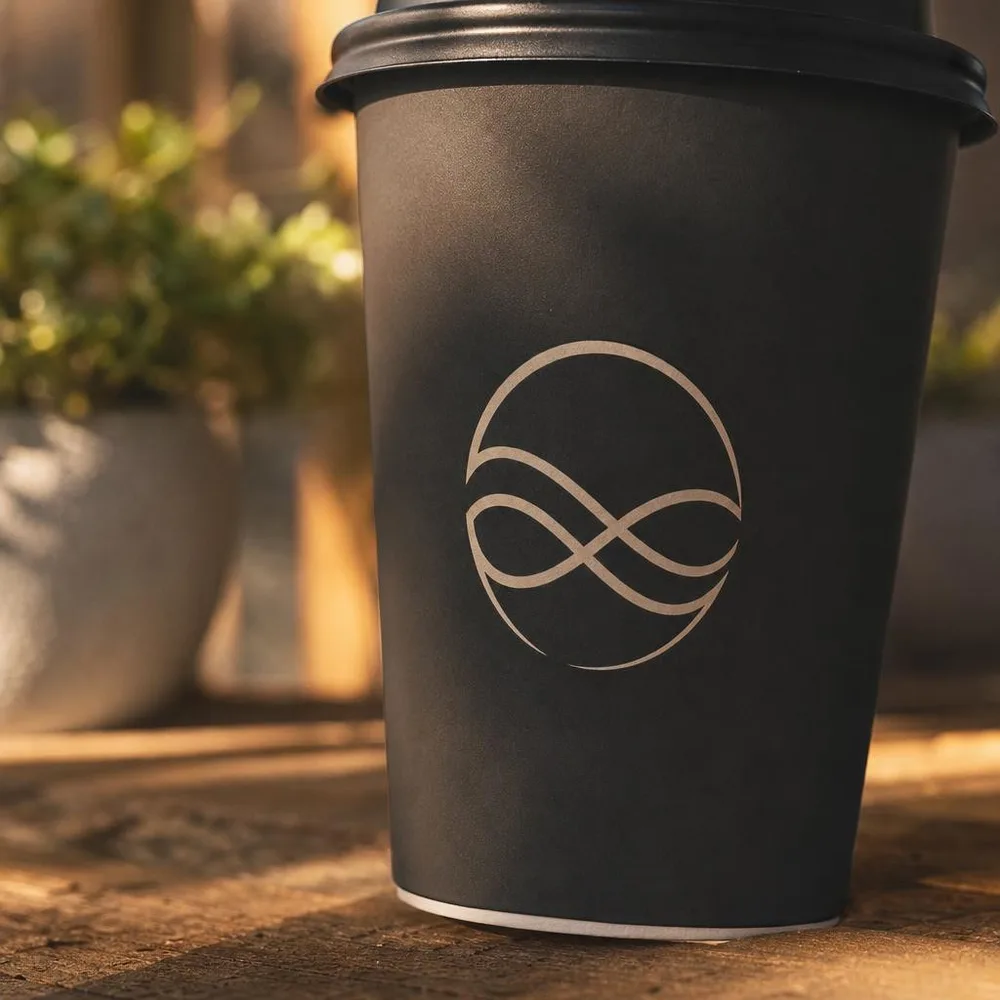 One logo, four surfaces: storefront, box, cup, paper bag. The letterforms and colours are preserved in each.
