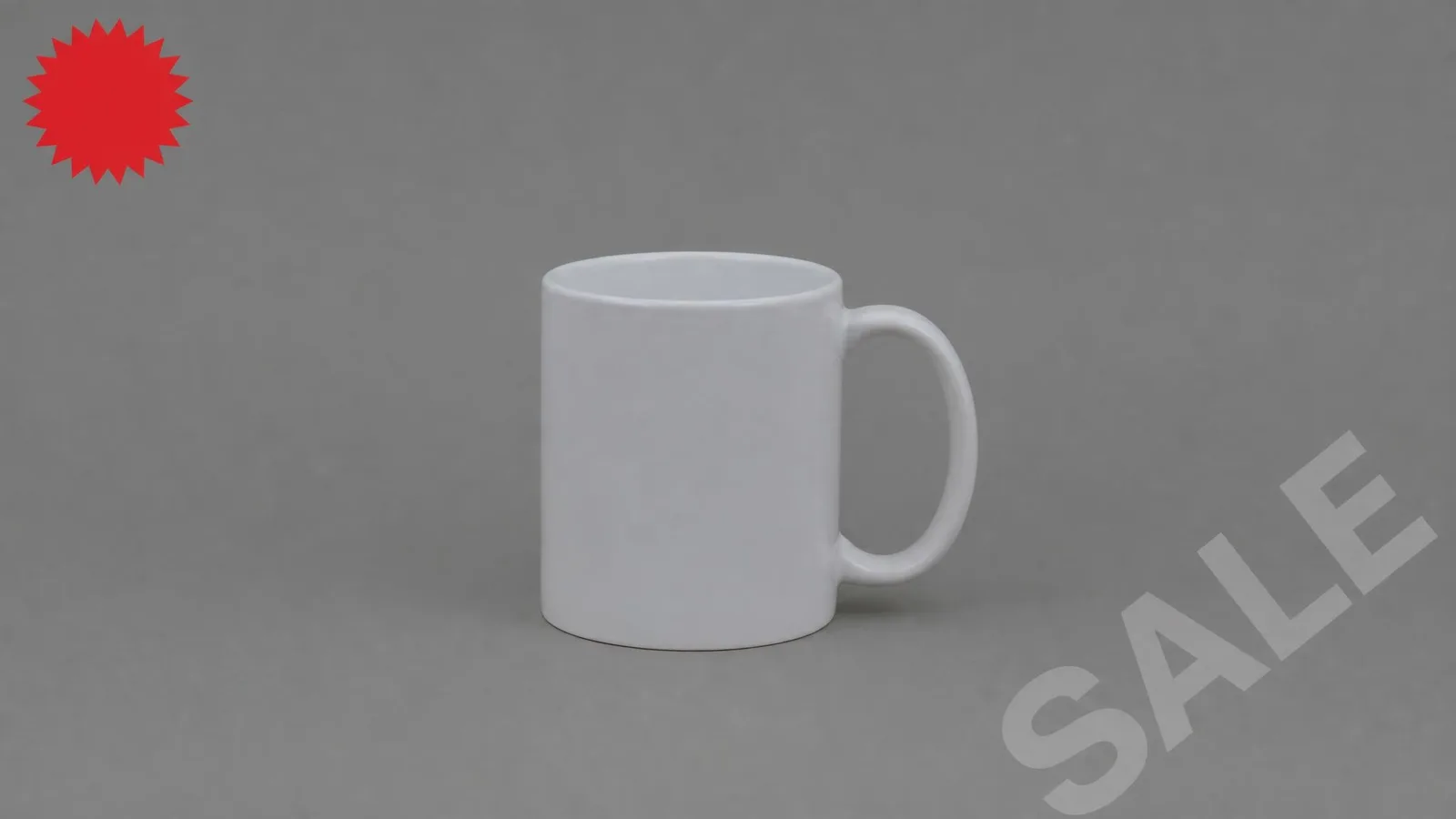 What suppression looks like: grey backdrop instead of pure white, a promotional starburst, a watermark, and the product filling barely half the frame.