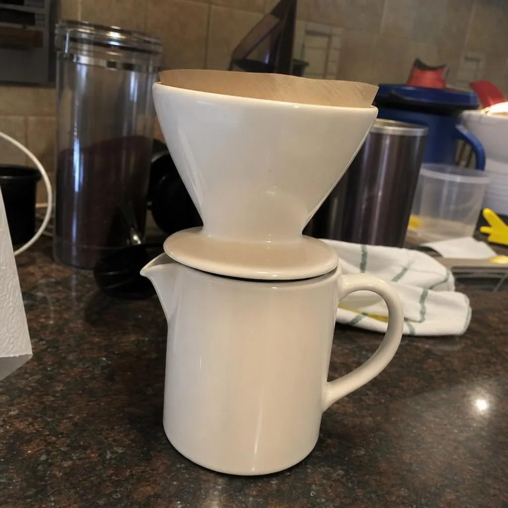 Source photo of a white ceramic pour-over coffee set, 2 of 2, taken on a phone