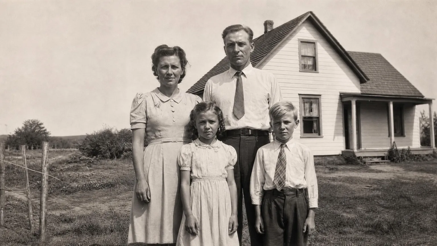 Phoxel result for a family outside their farmhouse, 1 of 2, generated from the source photos