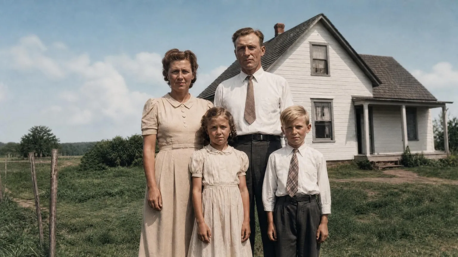 Phoxel result for a family outside their farmhouse, 2 of 2, generated from the source photos